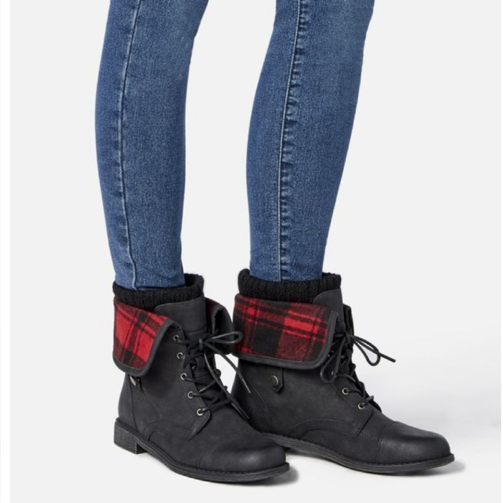 JustFab Elenora Plaid Panel Flat Boot